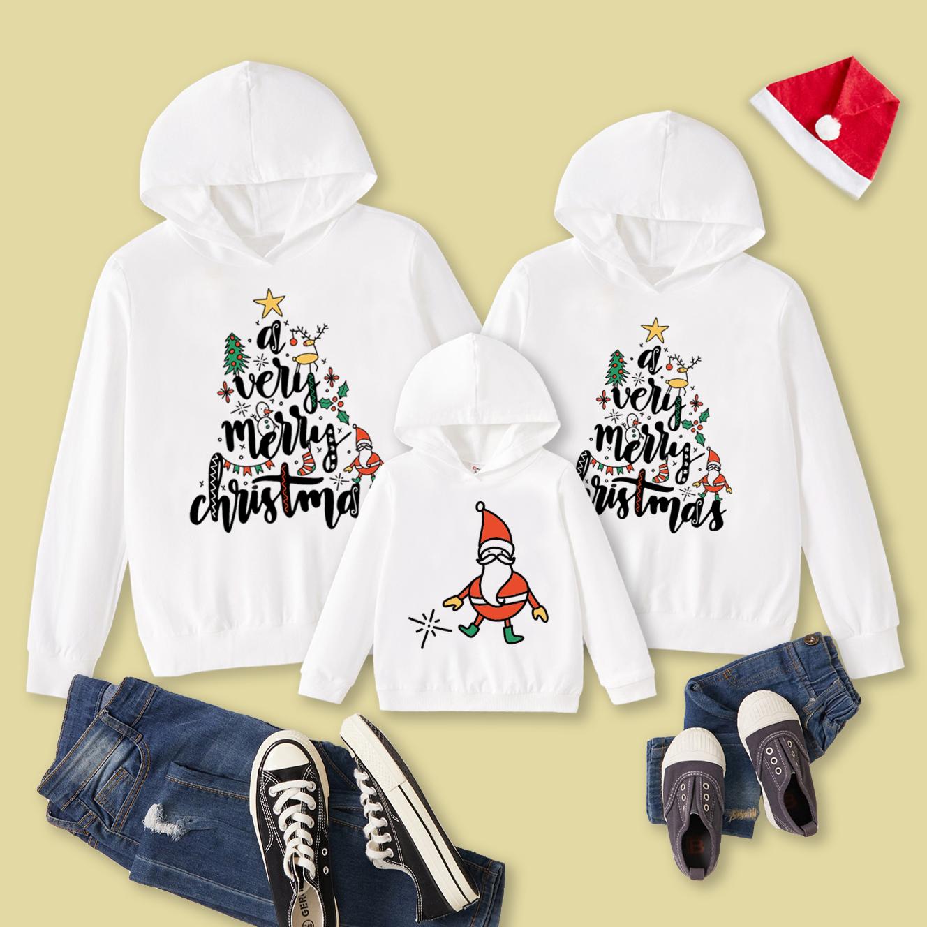 

100% Cotton Christmas Long-sleeve Letter Print White Family Matching Hooded Sweatshirts