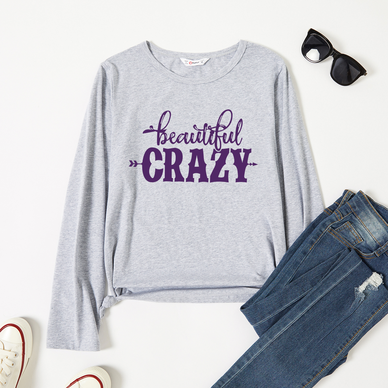

Graphic Light gray Long-sleeve Round-collar Tee for Women