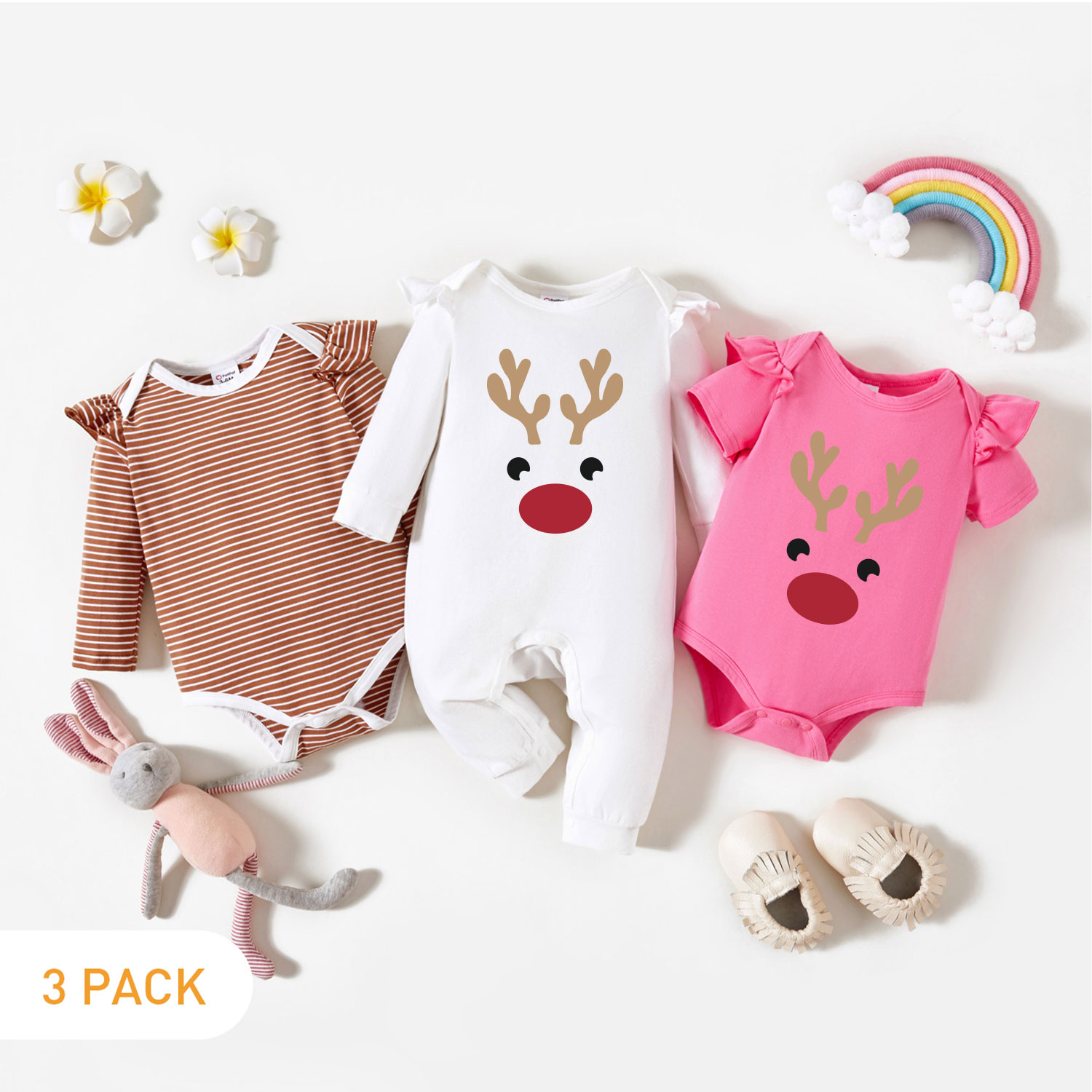 

3-Pack Baby Graphic & Striped Ruffled Romper Jumpsuit Set