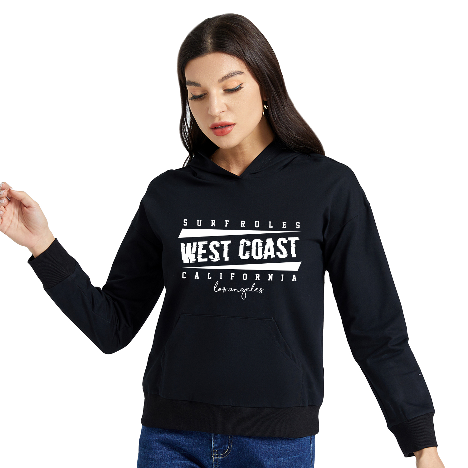 

Graphic Black Long-sleeve Hooded Pullover For Women