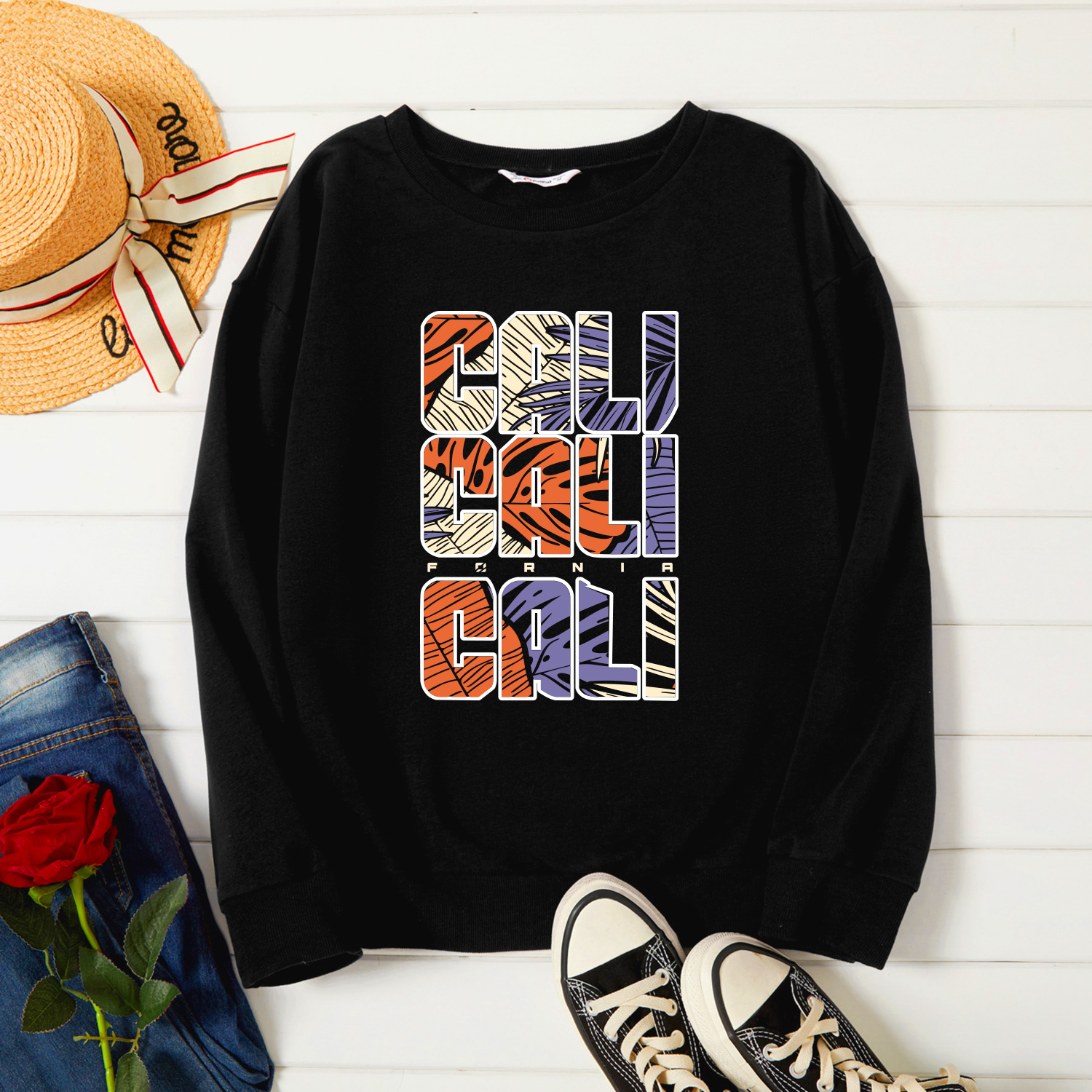 

Graphic Black Long-sleeve Pullover For Women