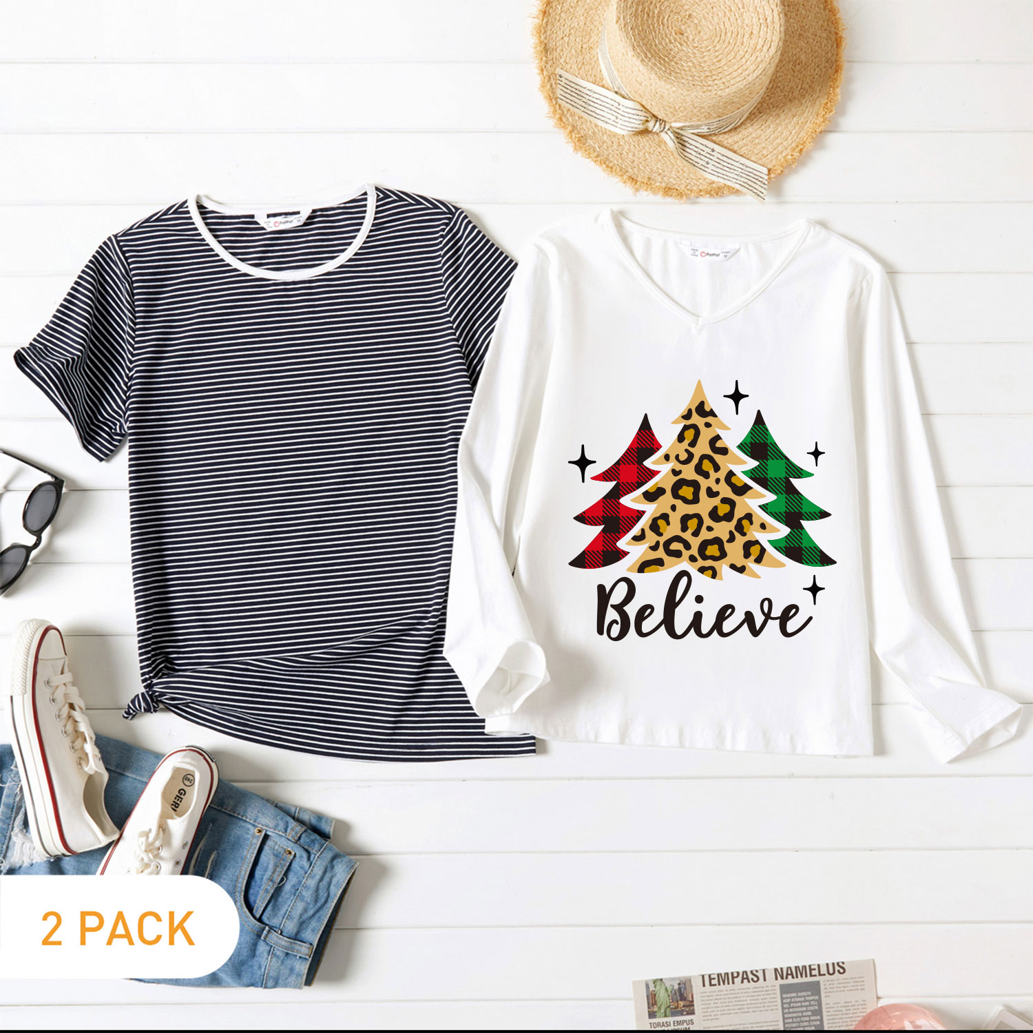 

2-Pack Graphic & Striped Tee Set For women
