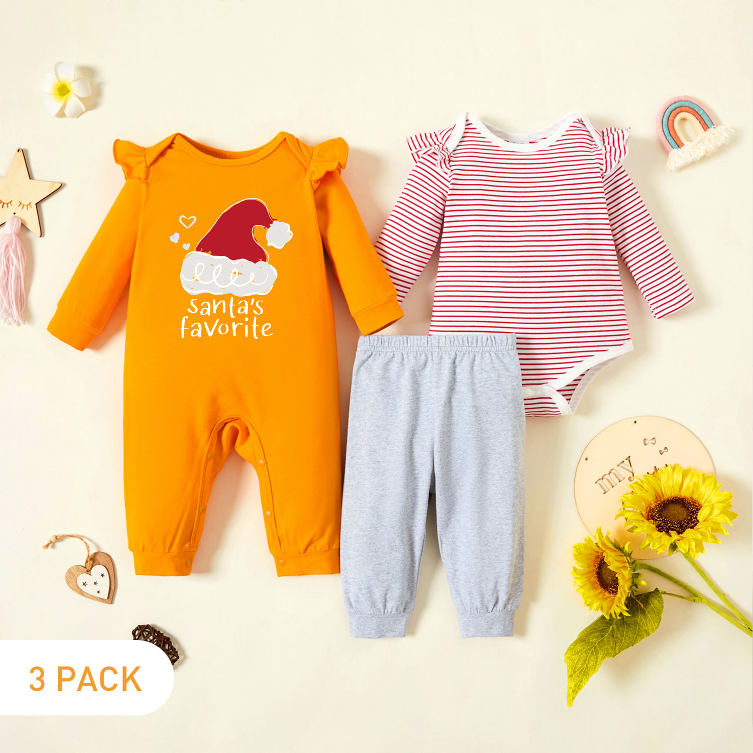 

3-Pack Baby Graphic & Striped Ruffled Romper Jumpsuit Pants Set