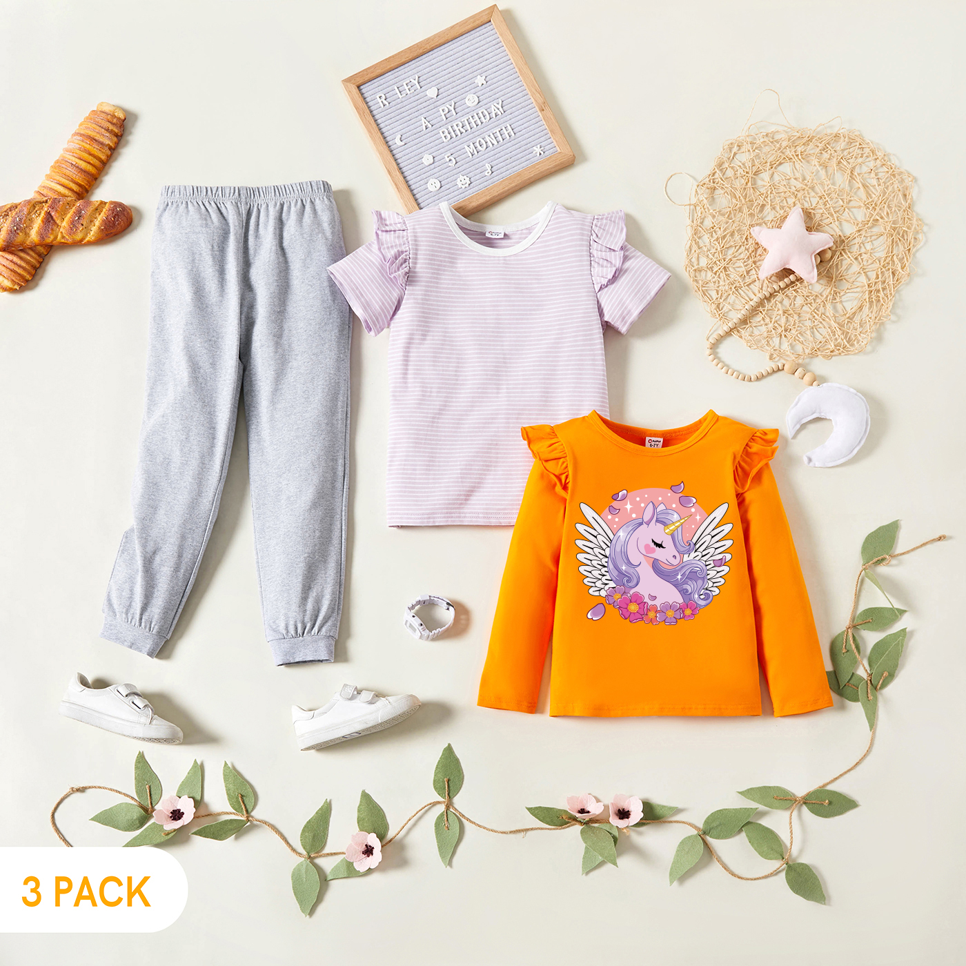 

3-Pack Kid Girl Graphic Unicorn and Floral Print Ruffled Long-sleeve Tee & Striped Short-sleeve Tee & Pants Set