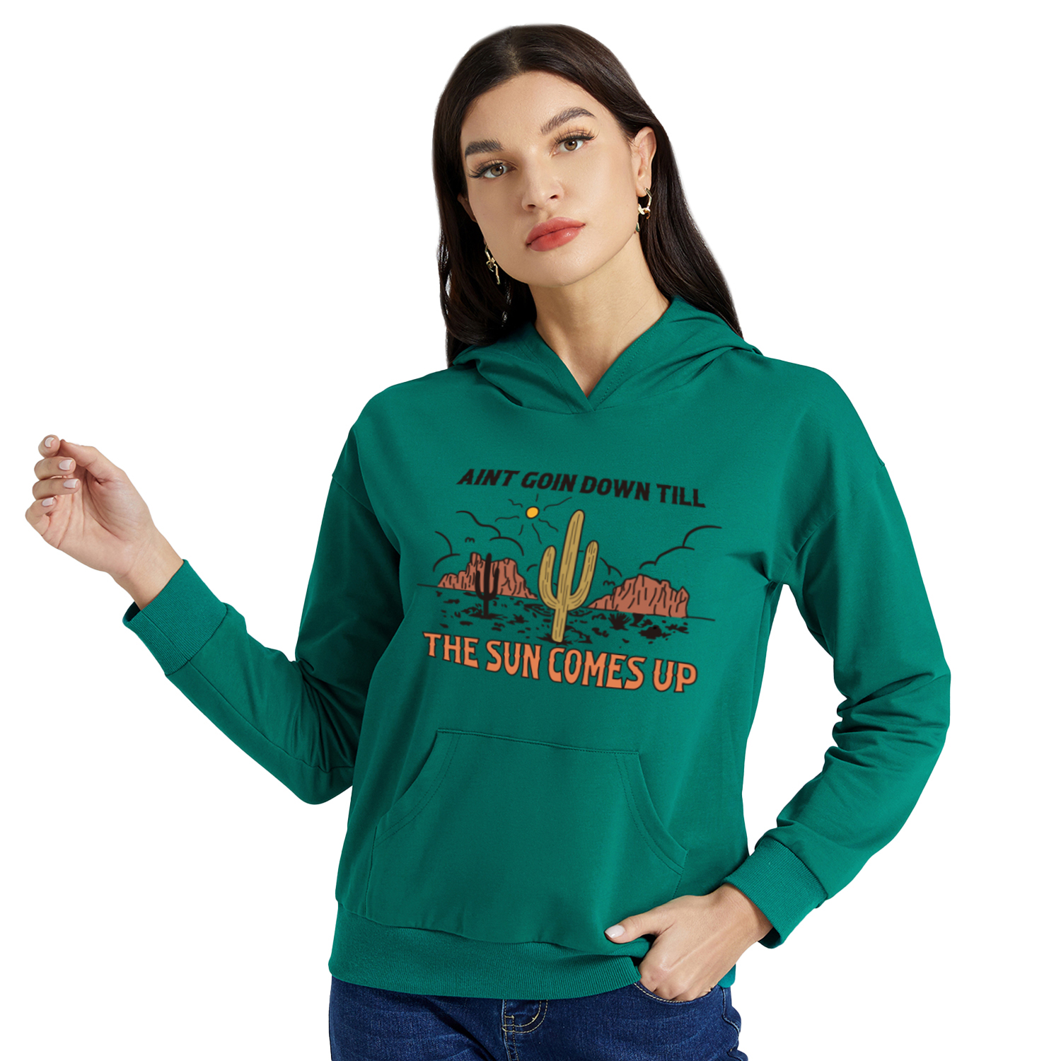 

Graphic Green Long-sleeve Hooded Pullover For Women