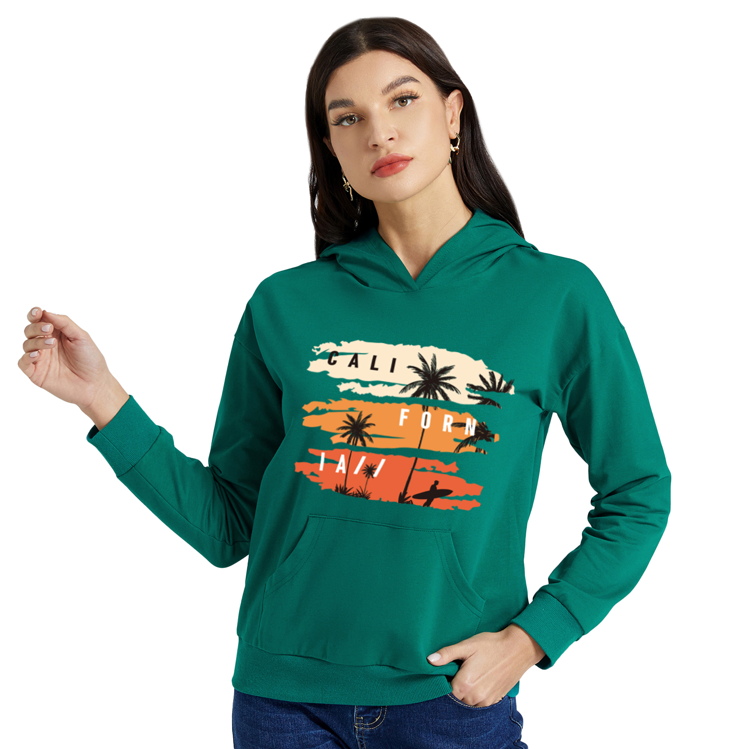 

Graphic Green Long-sleeve Hooded Pullover For Women