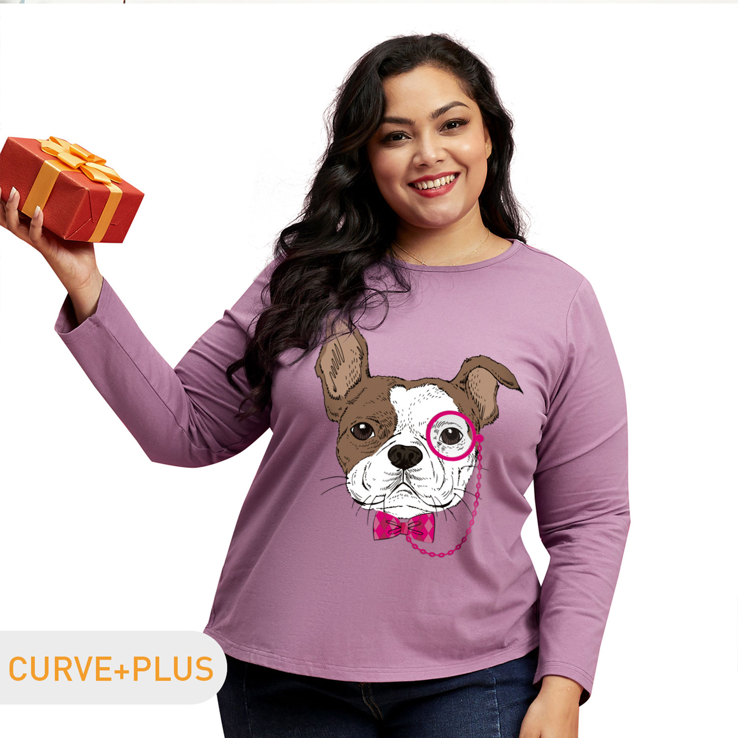 

Women Plus Size Graphic Bulldog Print Round Neck Long-sleeve Tee