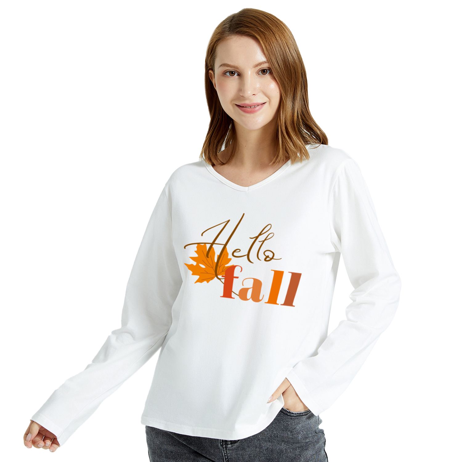 

Women Leaf and Letter Print V Neck Long-sleeve Tee