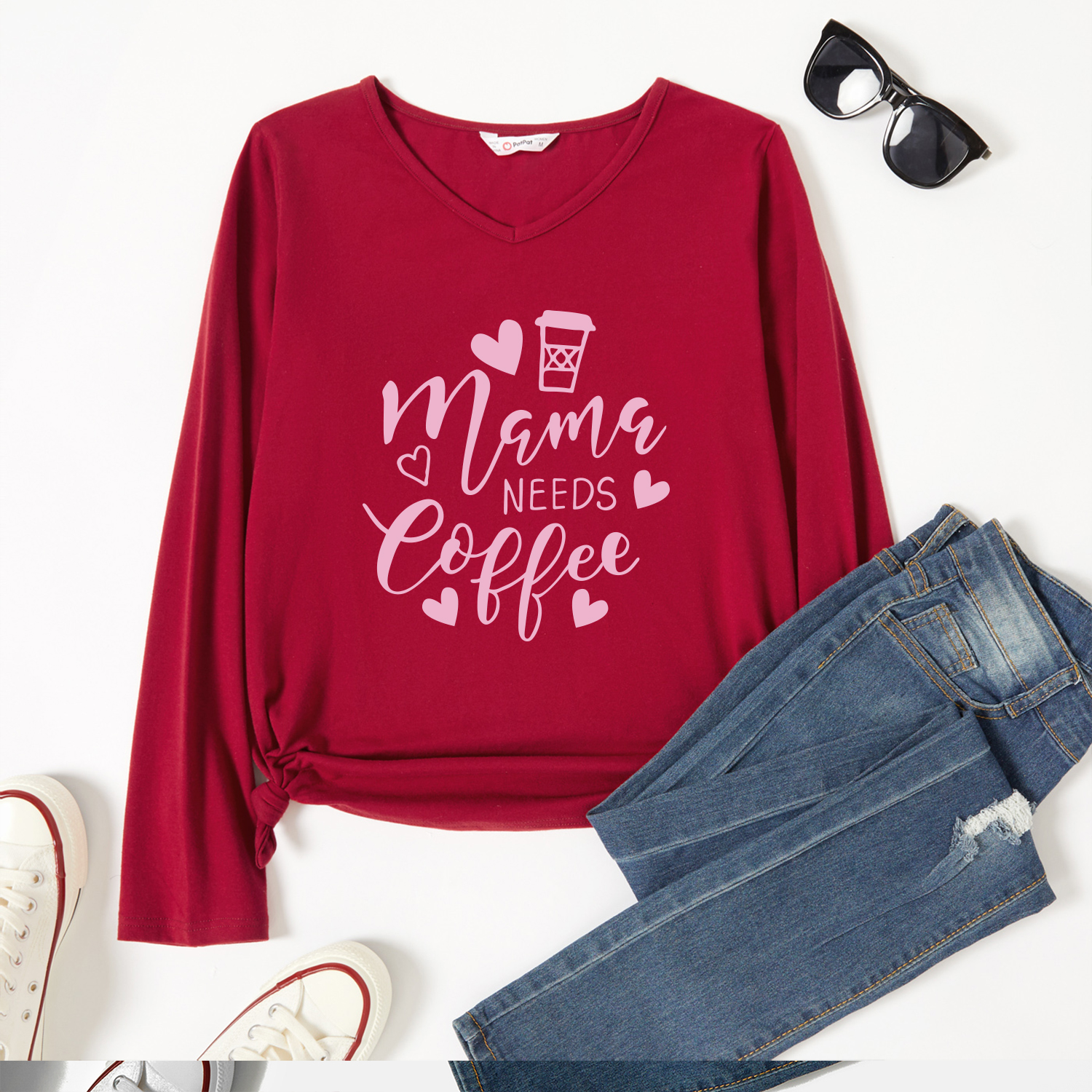 

Graphic Burgundy Long-sleeve V Neck Tee for Women
