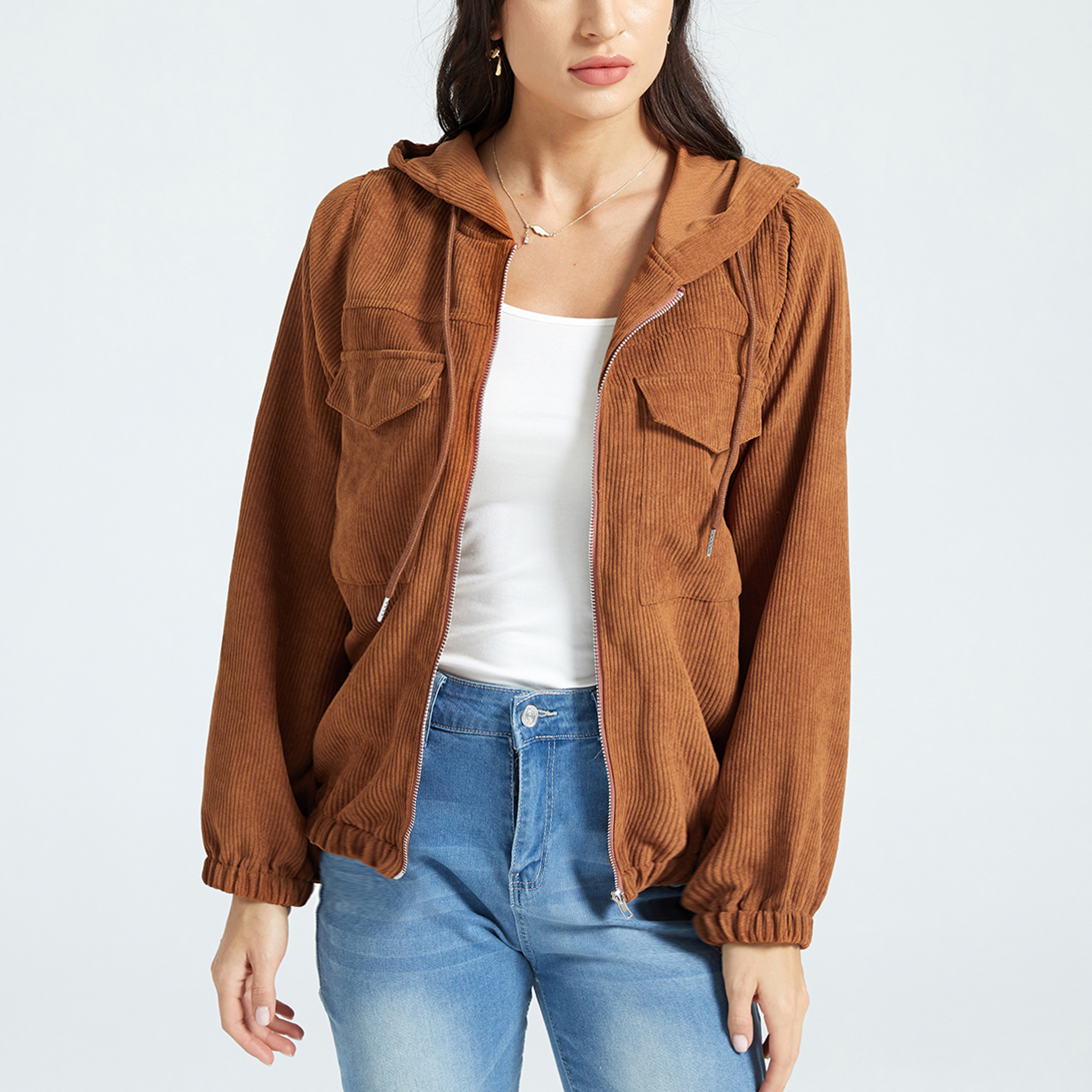 

Flap Pocket Long-sleeve Brown Drawstring Hooded Jacket