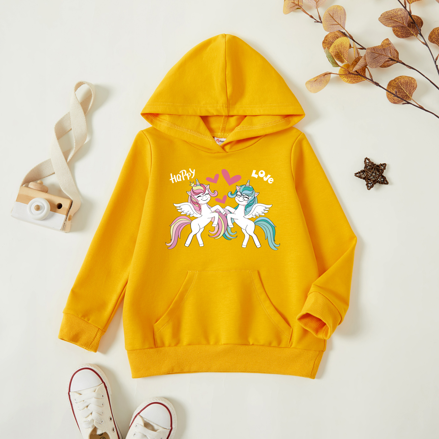 

Toddler Girl Unicorn and Letter and Heart-shaped Print Long-sleeve Hooded Pullover