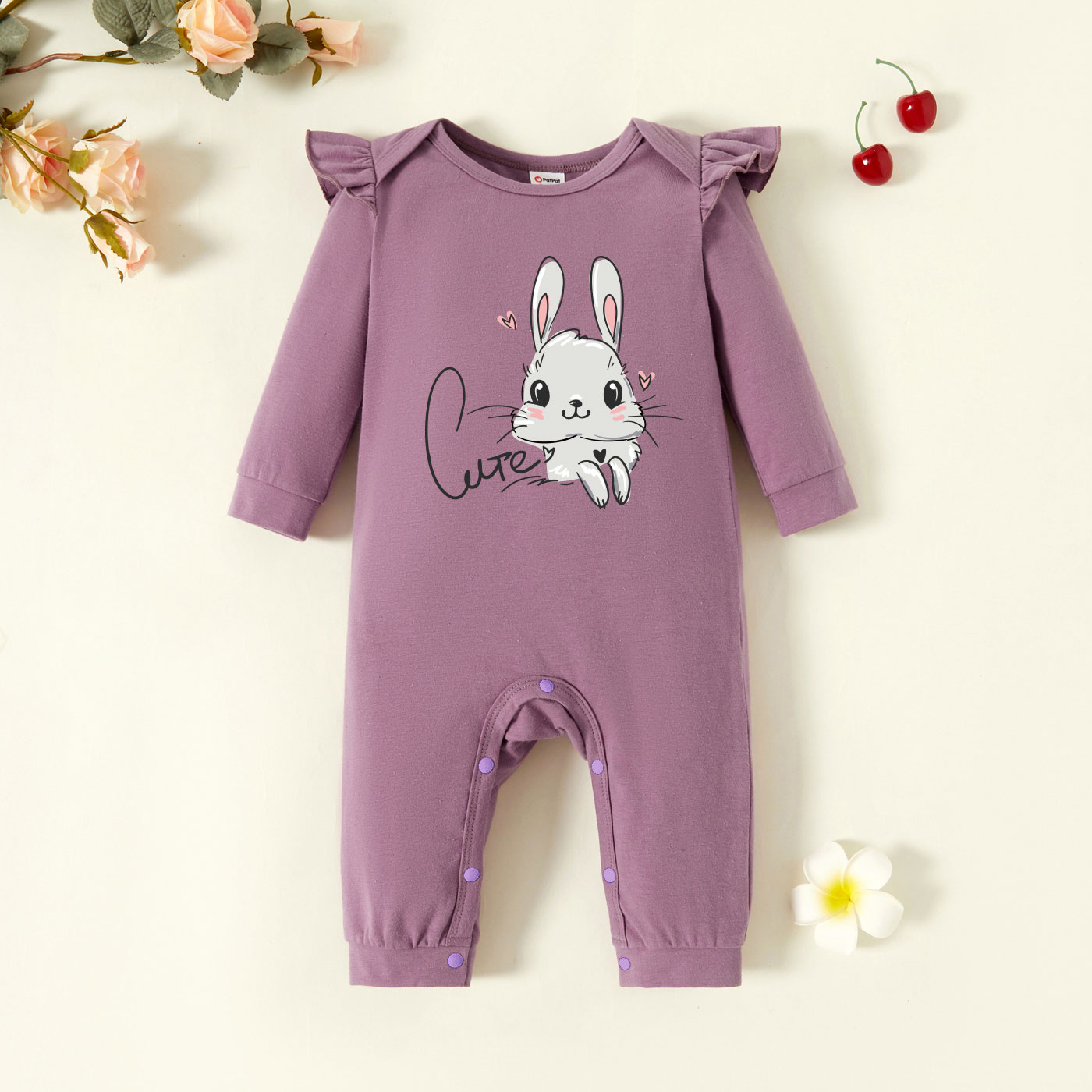

Baby Girl Graphic Rabbit and Heart and Letter Print Long-sleeve Jumpsuit