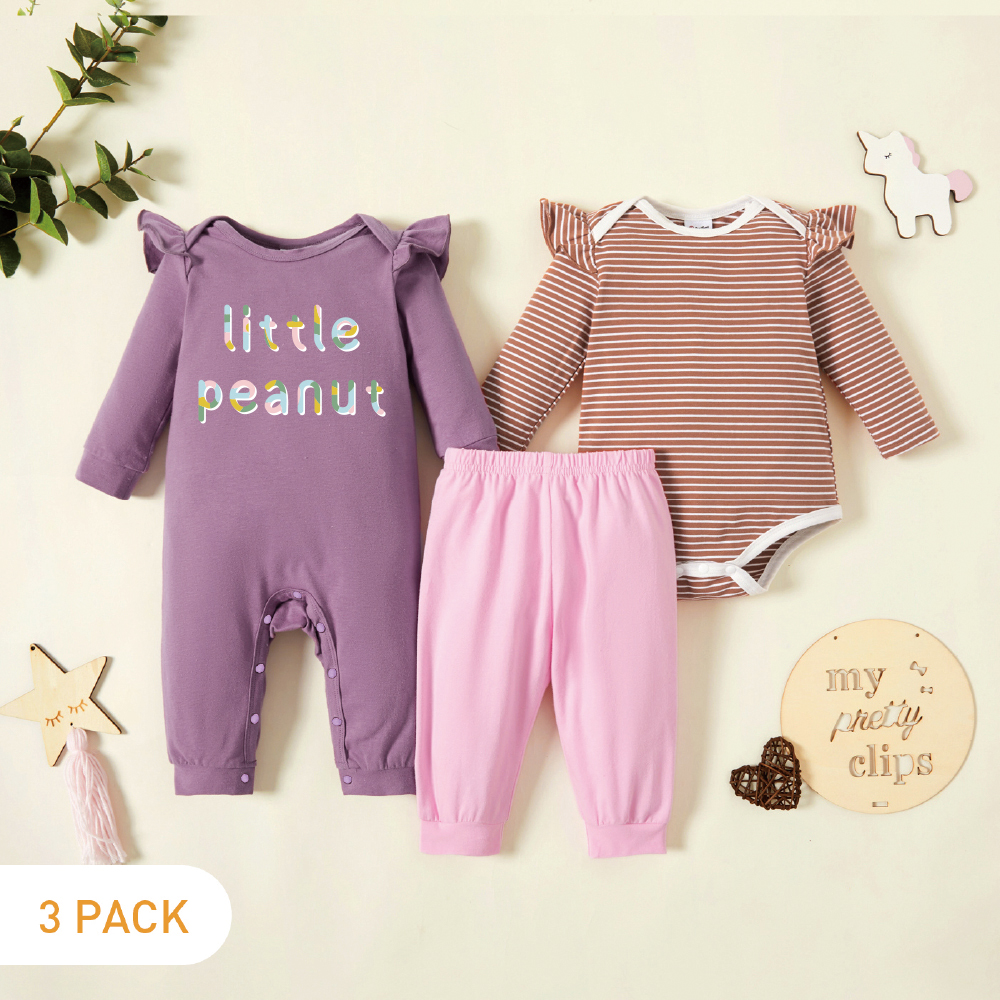 

3-Pack Baby Graphic & Striped Ruffled Romper Jumpsuit Pants Set