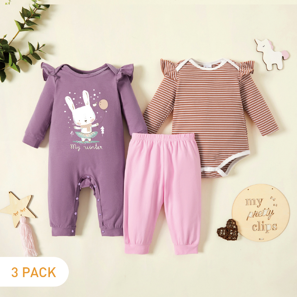 

3-Pack Baby Graphic & Striped Ruffled Romper Jumpsuit Pants Set