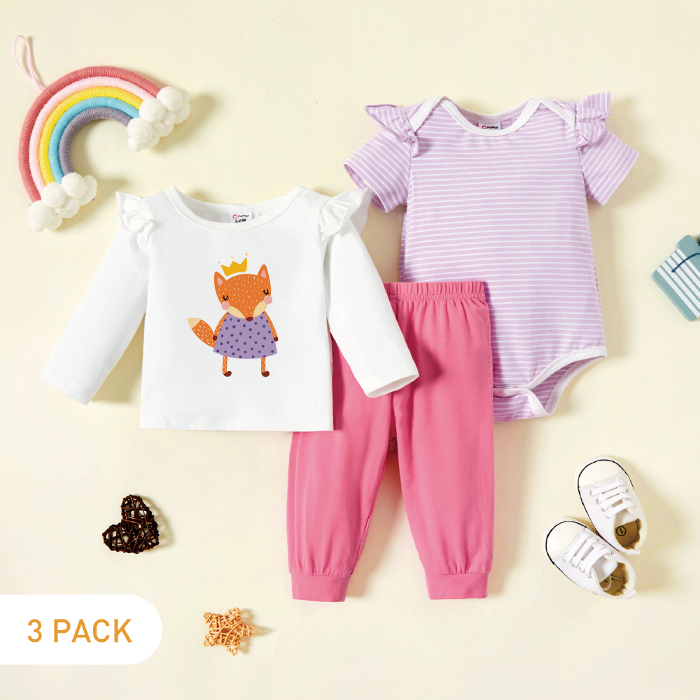 

3-Pack Baby Girl Fox Print Ruffle Long-sleeve Tee & Striped Ruffle Romper & Pants Set