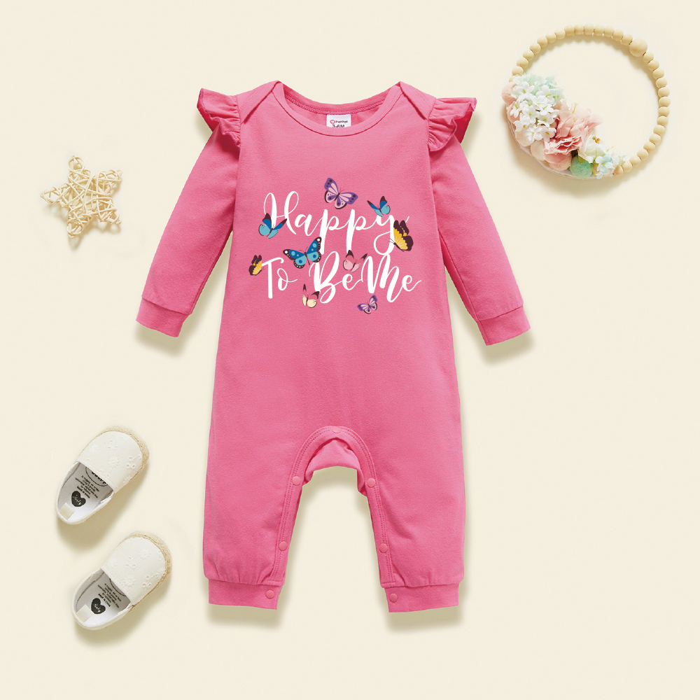 

Baby Graphic Flutter-sleeve Deep pink Long-sleeve Jumpsuit