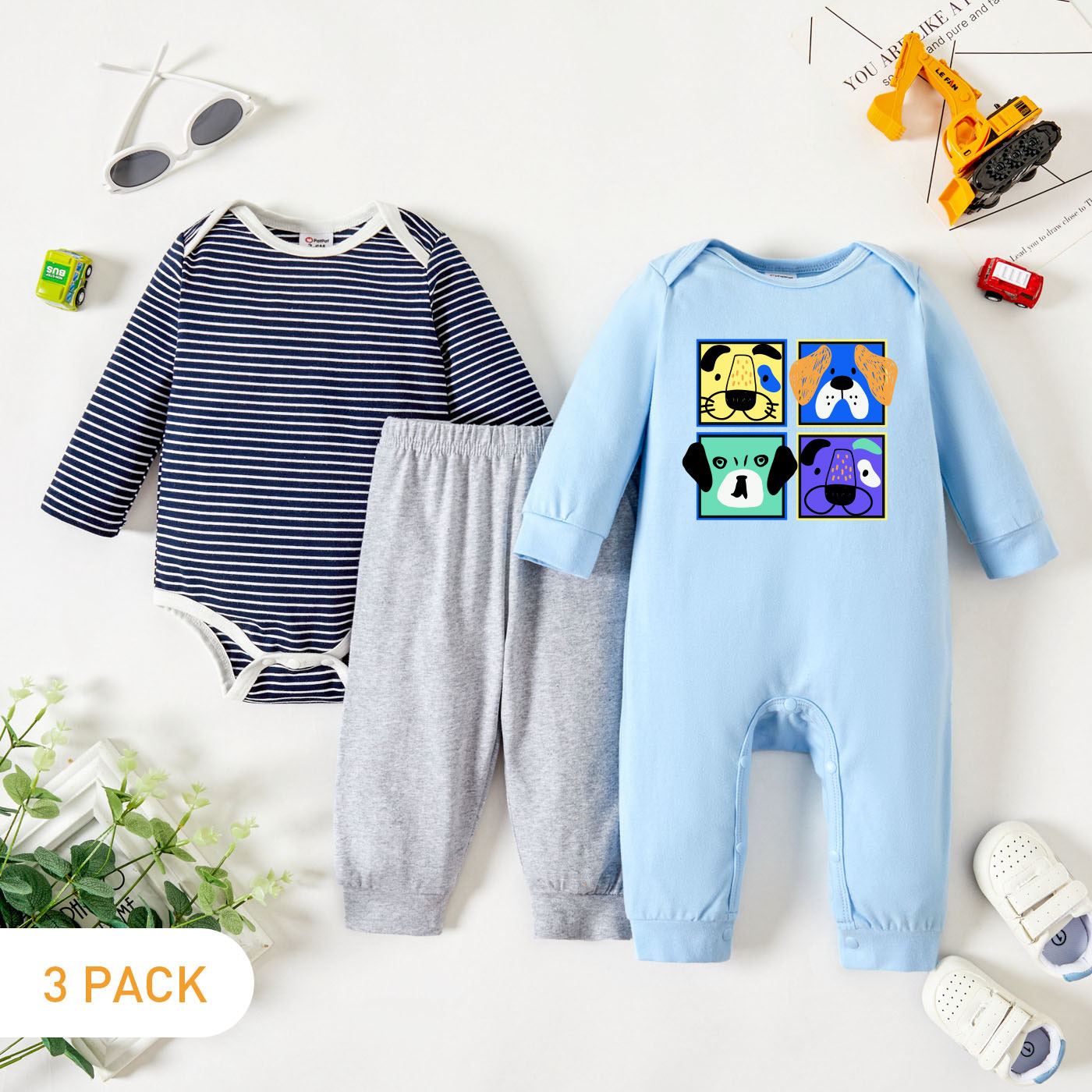 

3-Pack Baby Graphic & Striped Romper Jumpsuit Pants Set