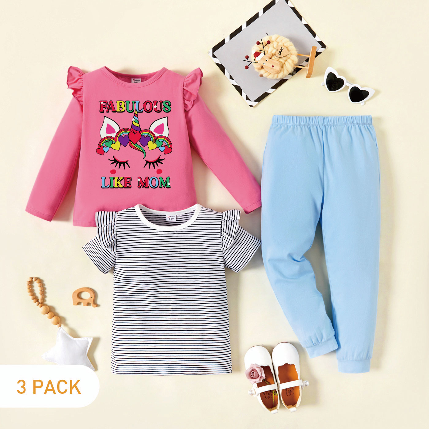 

3-Pack Kid Graphic Unicorn and Heart-shaped and Letter Print Long-sleeve Tee & Striped Short-sleeve Tee & Pants Set