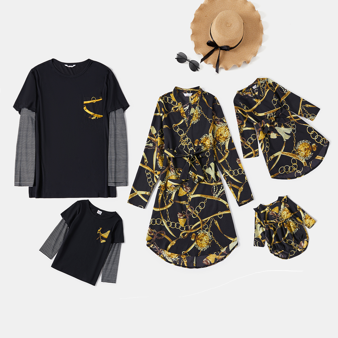 

Chain Print Family Matching Sets(Black Belted Shirt Dresses and Striped Long-sleeve Faux-two T-shirts)
