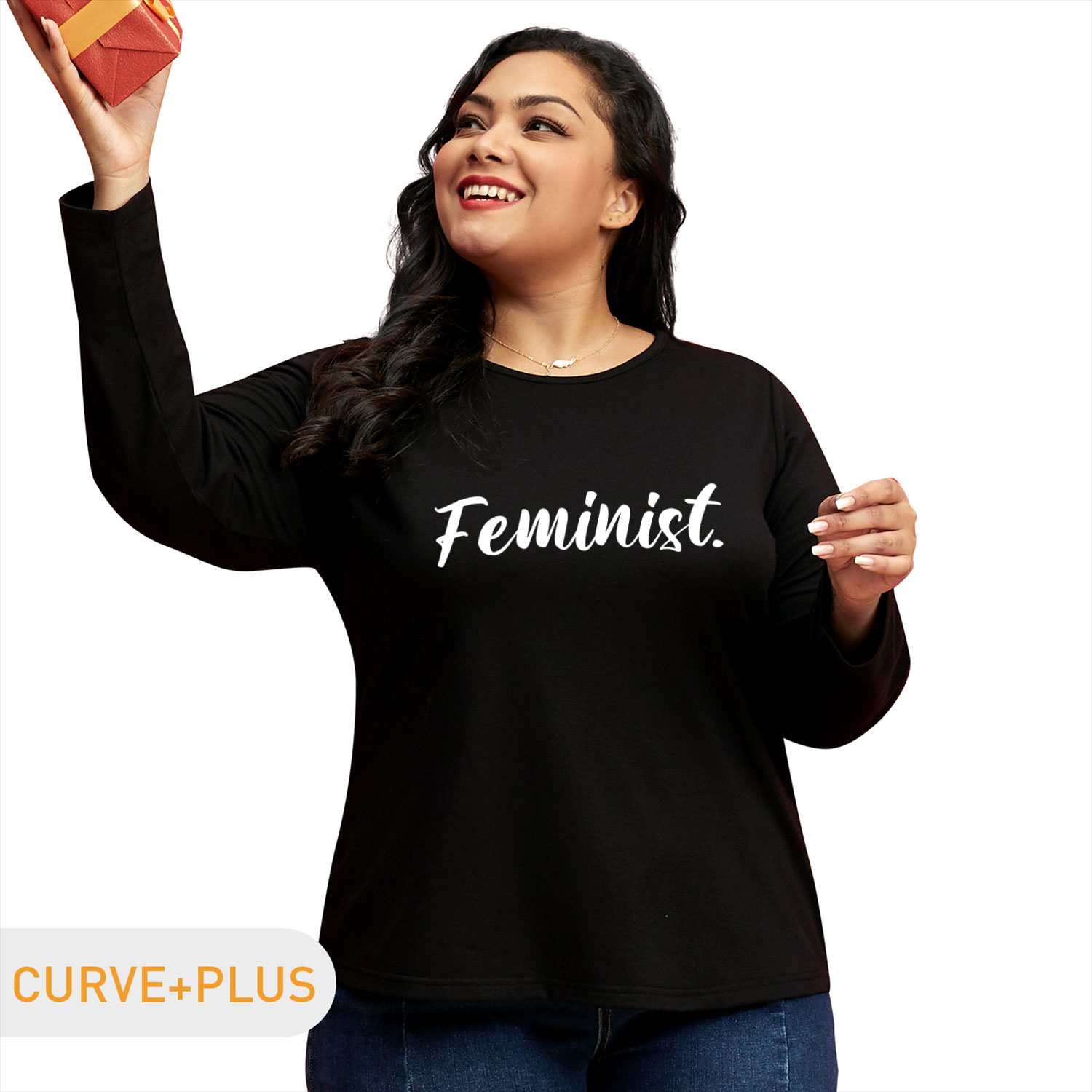 

Women Plus Size Graphic Letter Print Round Neck Long-sleeve Tee