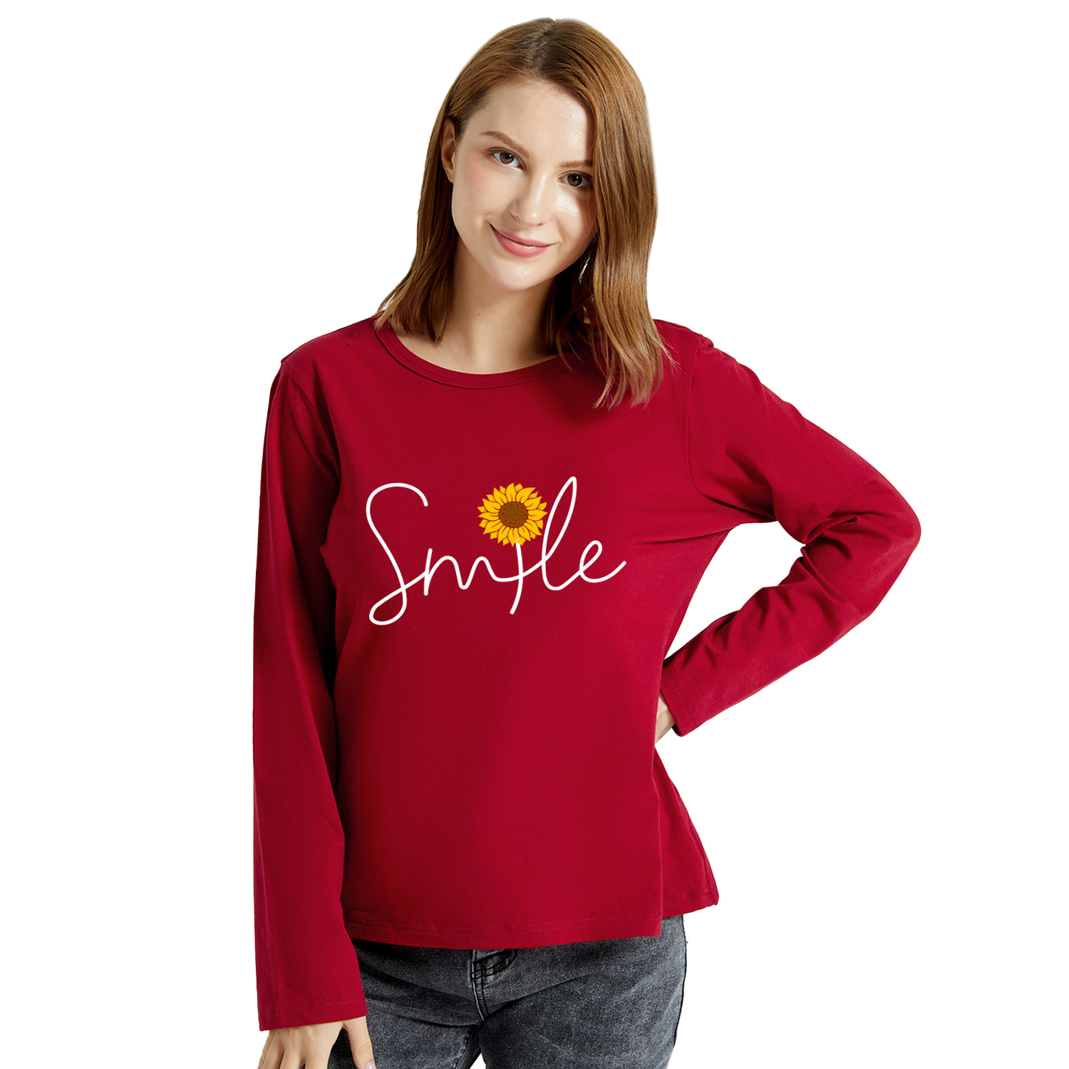 

Graphic Burgundy Long-sleeve Round-collar Tee for Women