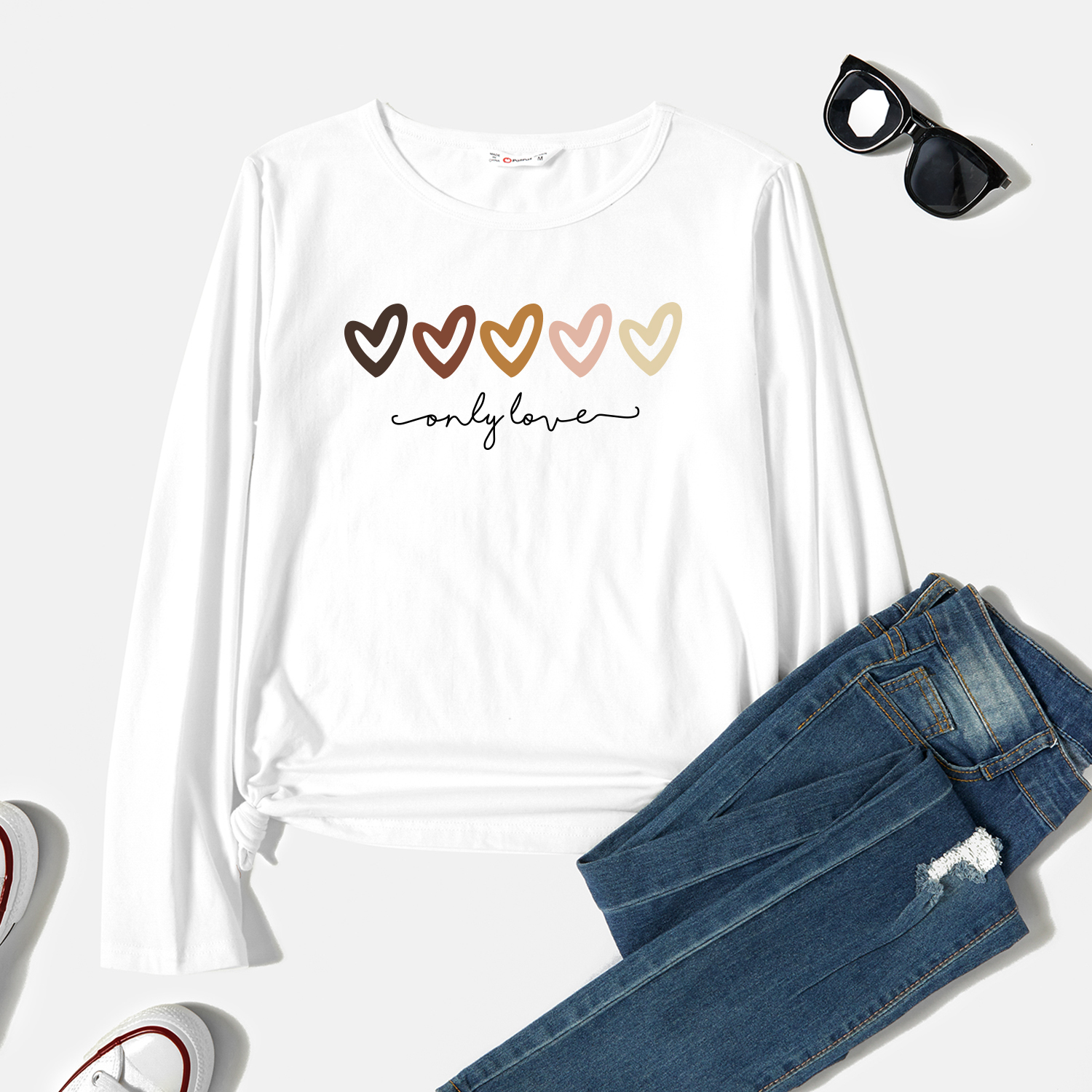 

Graphic White Long-sleeve Round-collar Tee for Women