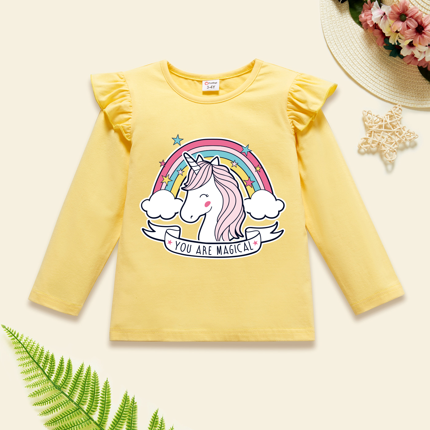 

Toddler Graphic Flutter-sleeve Beige Long-sleeve Tee