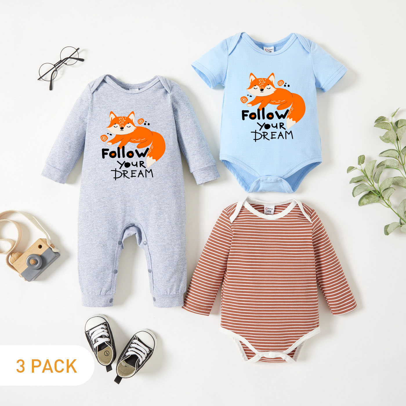 

3-Pack Baby Graphic Fox and Letter Print Striped Long-sleeve Romper Jumpsuit Set