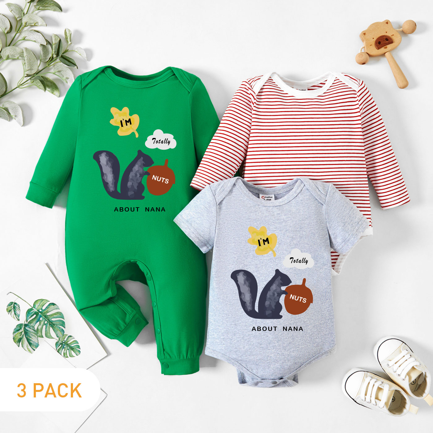 

3-Pack Baby Graphic & Striped Romper Jumpsuit Set