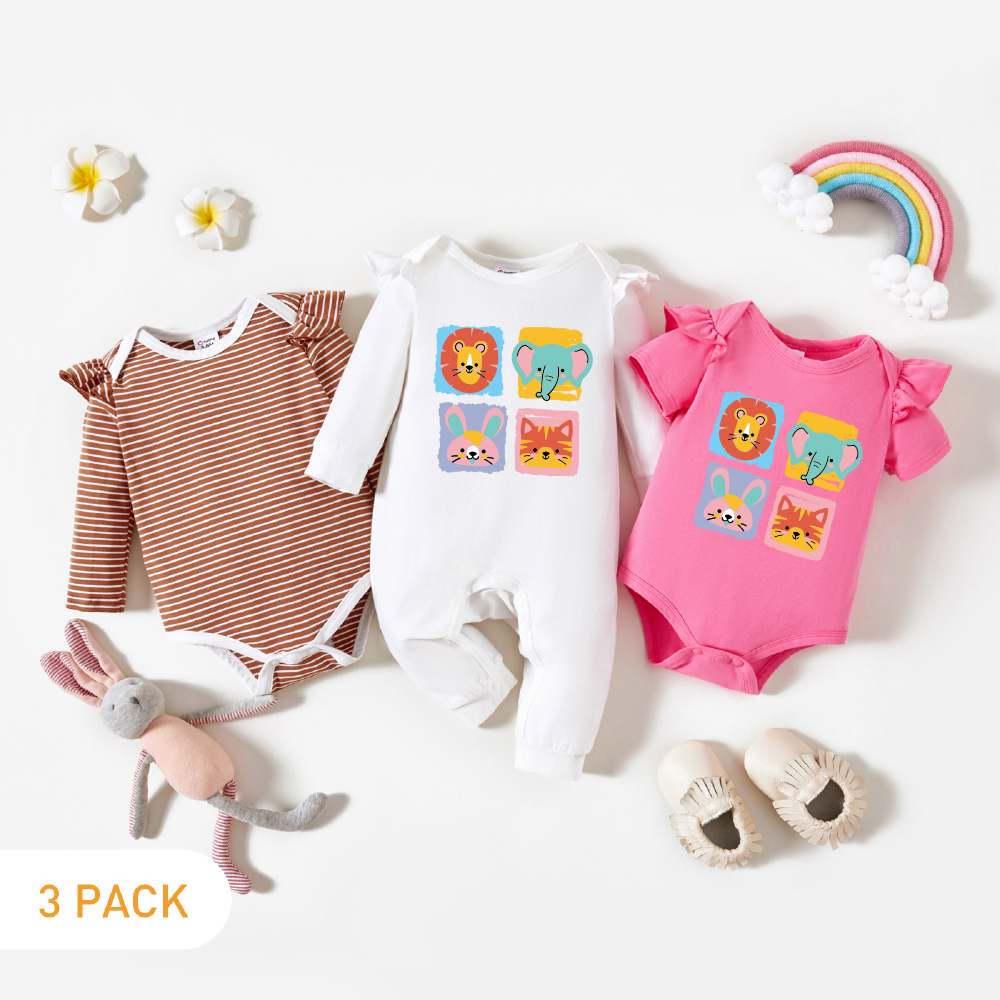 

3-Pack Baby Graphic & Striped Ruffled Romper Jumpsuit Set