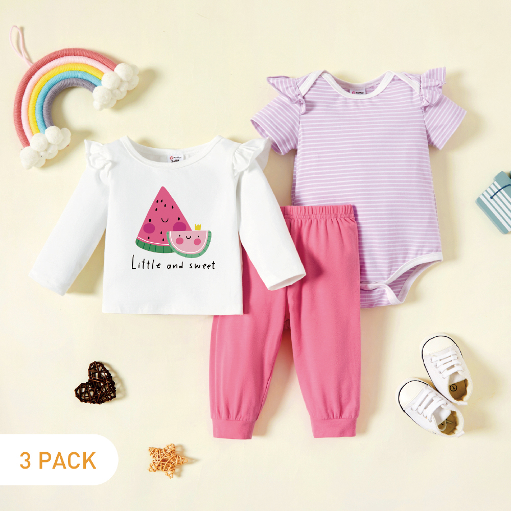 

3-Pack Baby Graphic & Striped Ruffled Romper Tee Pants Set