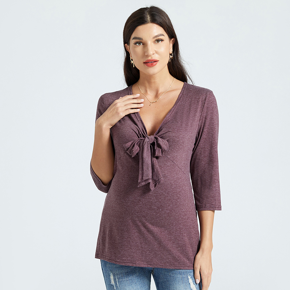 

Maternity Bowknot Tie Neck Solid Color 3/4 Sleeve T-shirt