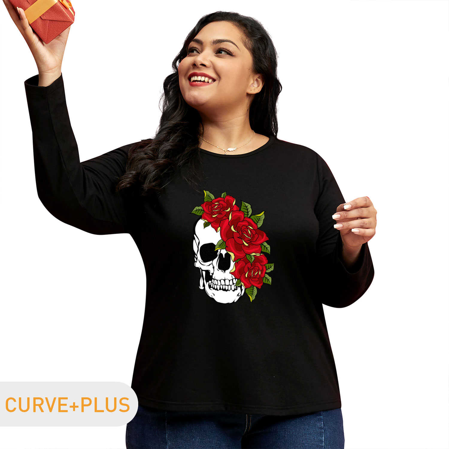 

Women Plus Size Graphic Skeleton and Rose Print Round-collar Long-sleeve Tee