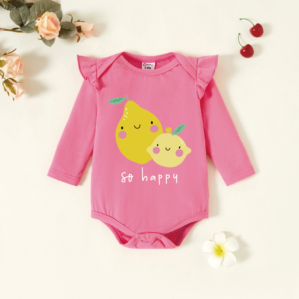

Baby Graphic Flutter-sleeve Deep pink Long-sleeve Romper