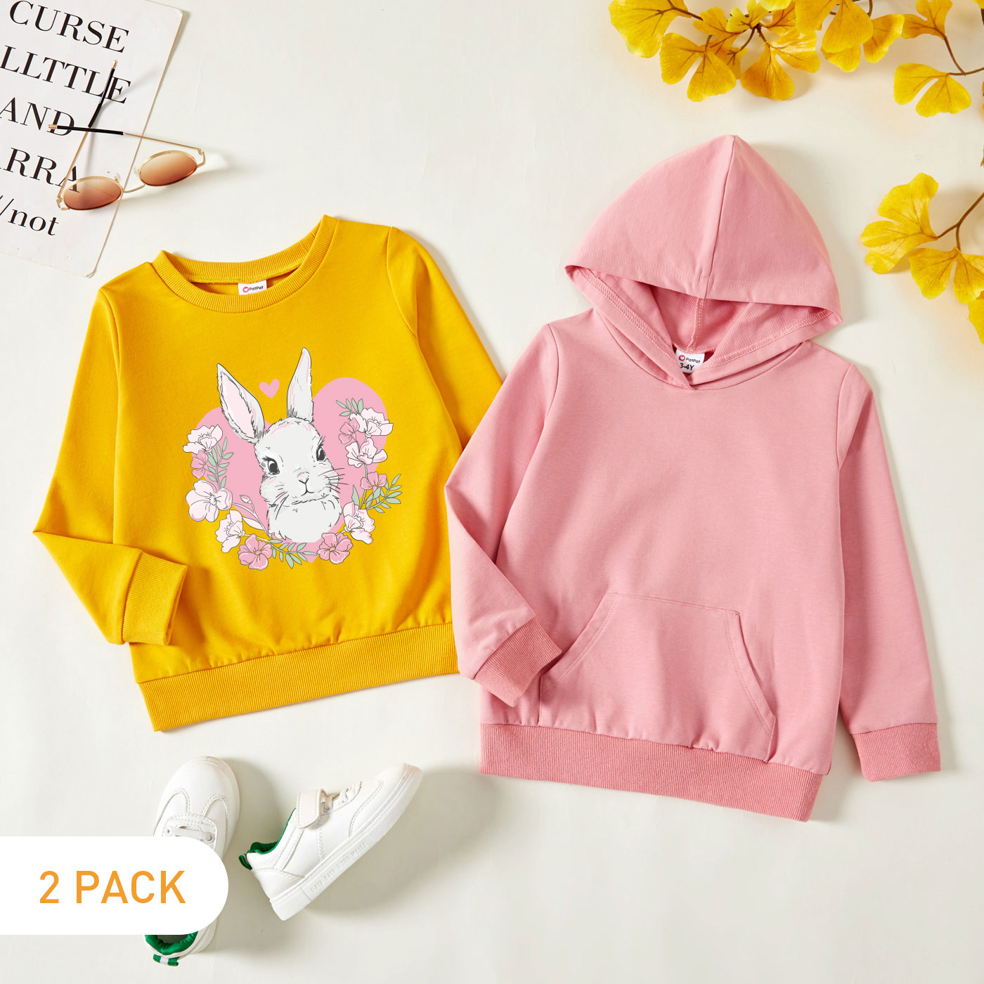

2-Pack Toddler Girl Graphic Rabbit and Floral and Heart-shaped Print Long-sleeve Pullover & Hooded Pullover Set