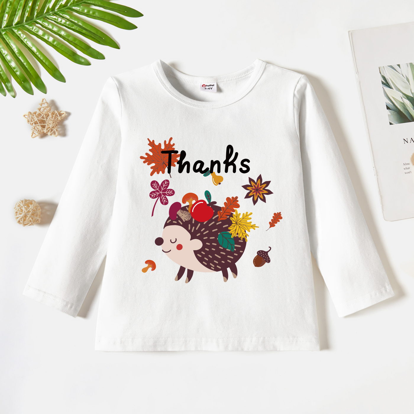 

Thanksgiving Toddler Graphic Hedgehog and Leaf Print Long-sleeve Tee
