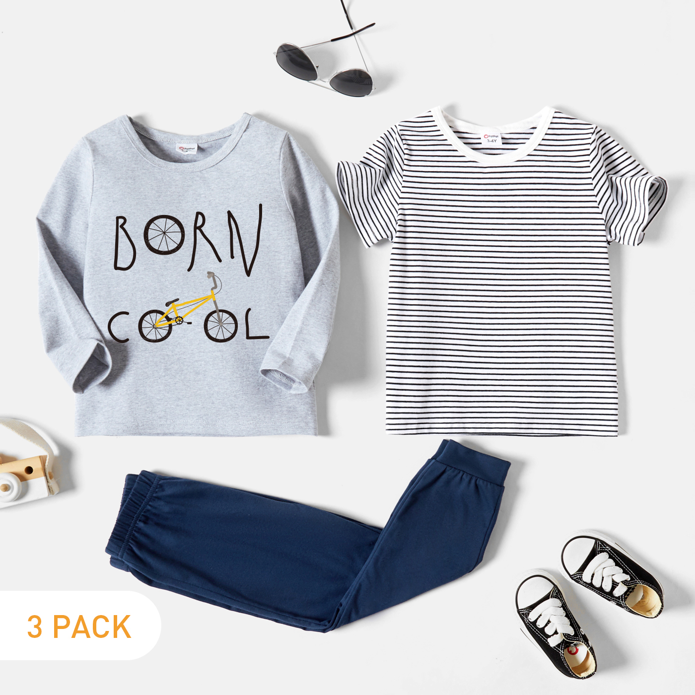 

3-Pack Toddler Graphic Letter and Bicycle Print Long-sleeve Tee & Striped Short-sleeve Tee & Pants Set