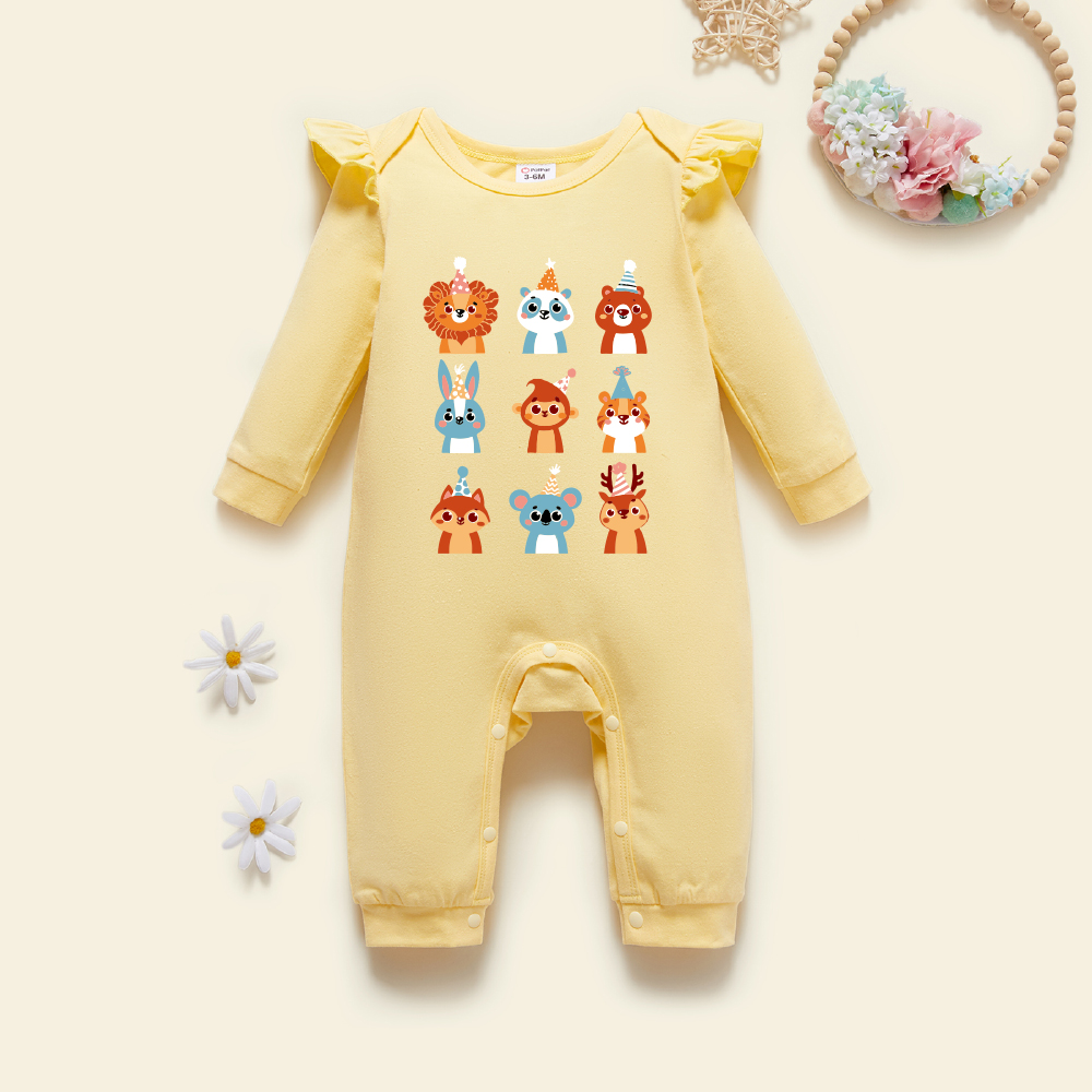 

Baby Graphic Flutter-sleeve Beige Long-sleeve Jumpsuit