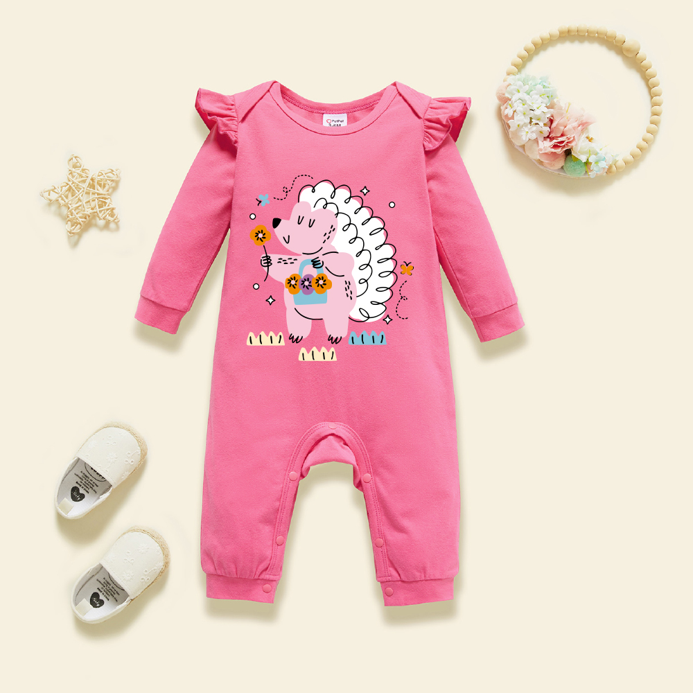 

Baby Graphic Flutter-sleeve Deep pink Long-sleeve Jumpsuit