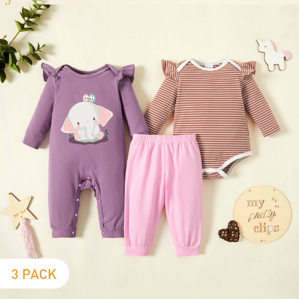 

3-Pack Baby Girl Elephant and Bird Print Striped Ruffle Long-sleeve Romper Jumpsuit Pants Set