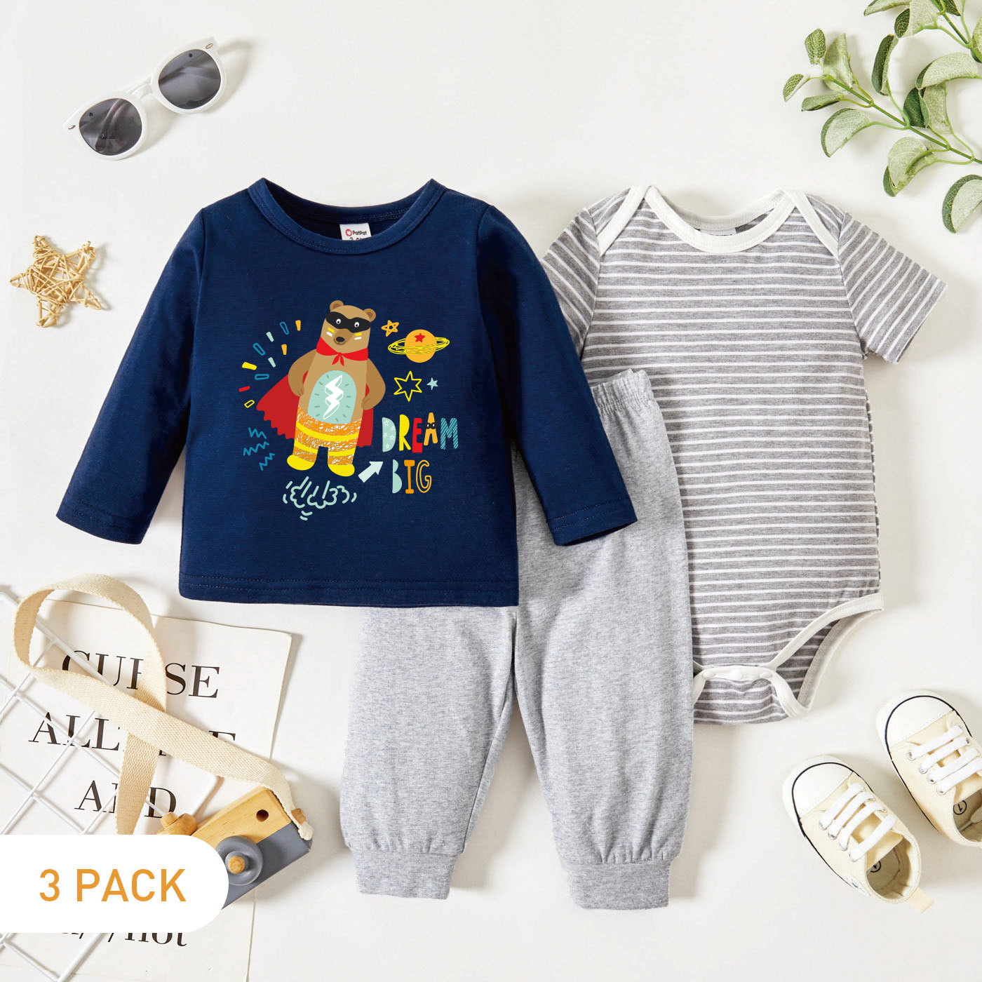 

3-Pack Baby Boy Graphic Bear and Galaxy and Letter Print Long-sleeve Tee & Striped Short-sleeve Romper & Pants Set