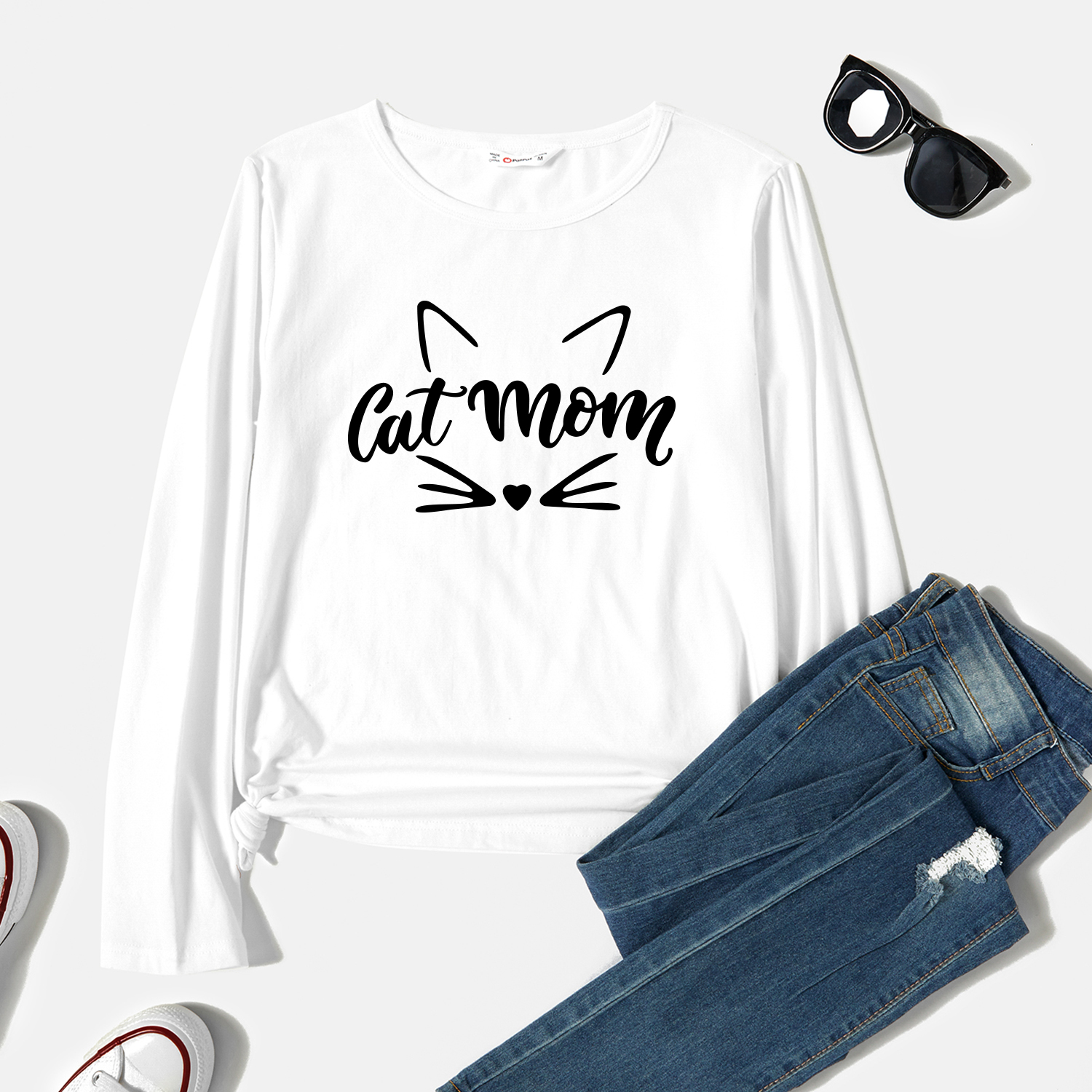 

Graphic White Long-sleeve Round-collar Tee for Women