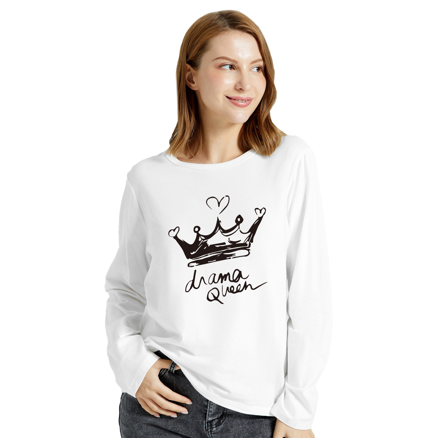 

Graphic White Long-sleeve Round-collar Tee for Women