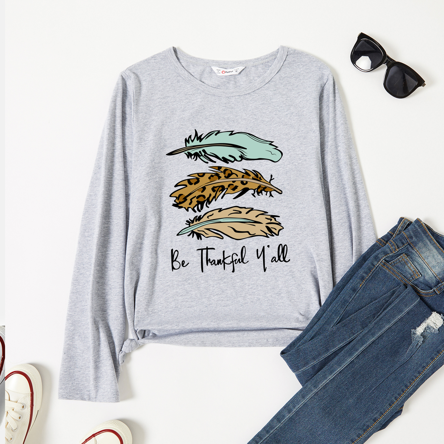 

Graphic Light gray Long-sleeve Round-collar Tee for Women