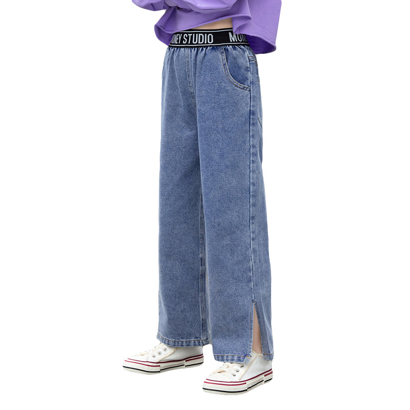 

Kid Girl Casual Letter Print Side Slit Denim Jeans