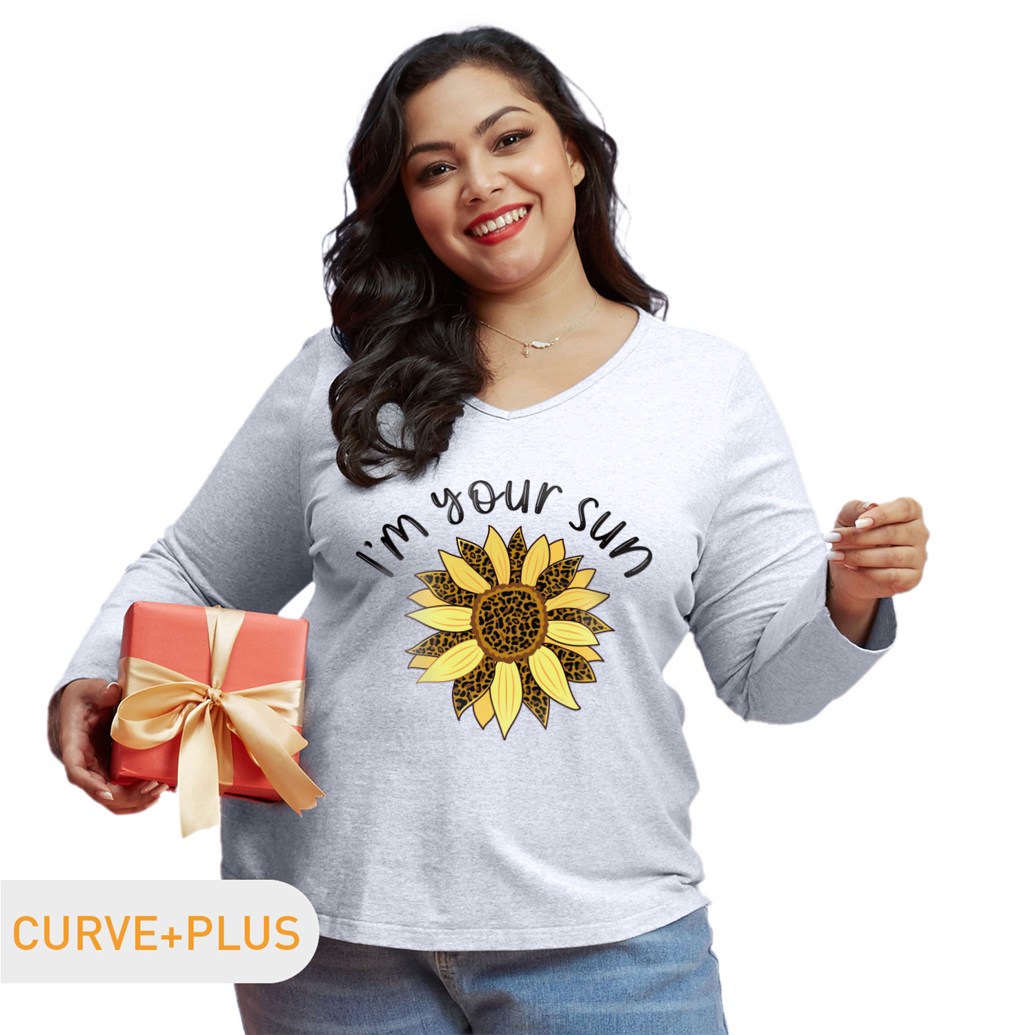 

Women Plus Size Graphic Sunflower and Letter Print V Neck Long-sleeve Tee