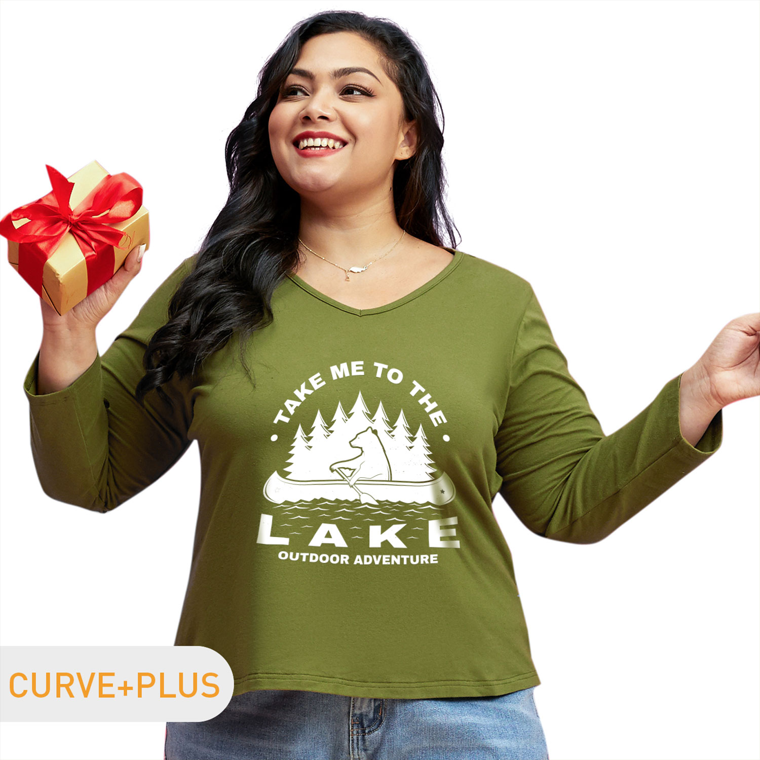 

Women Plus Size Graphic Polar Bear and Tree and Letter Print V Neck Long-sleeve Tee