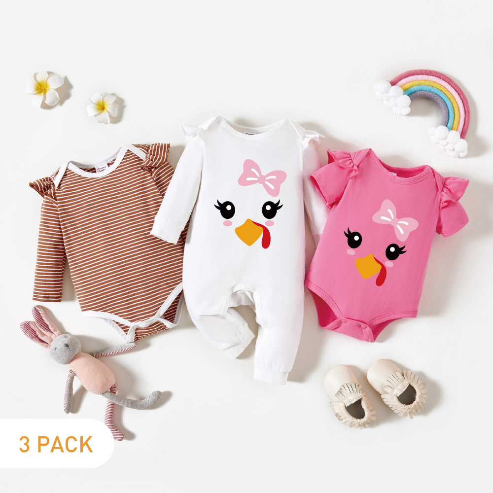 

3-Pack Baby Graphic & Striped Ruffled Romper Jumpsuit Set