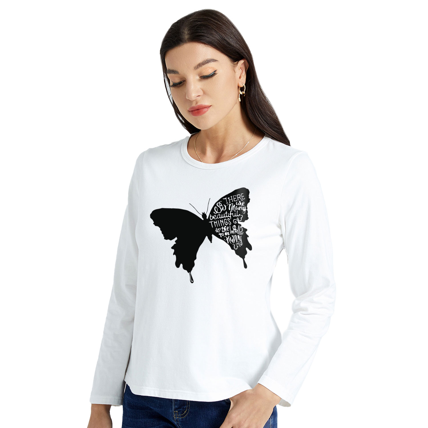 

Graphic White Long-sleeve Round-collar Tee for Women