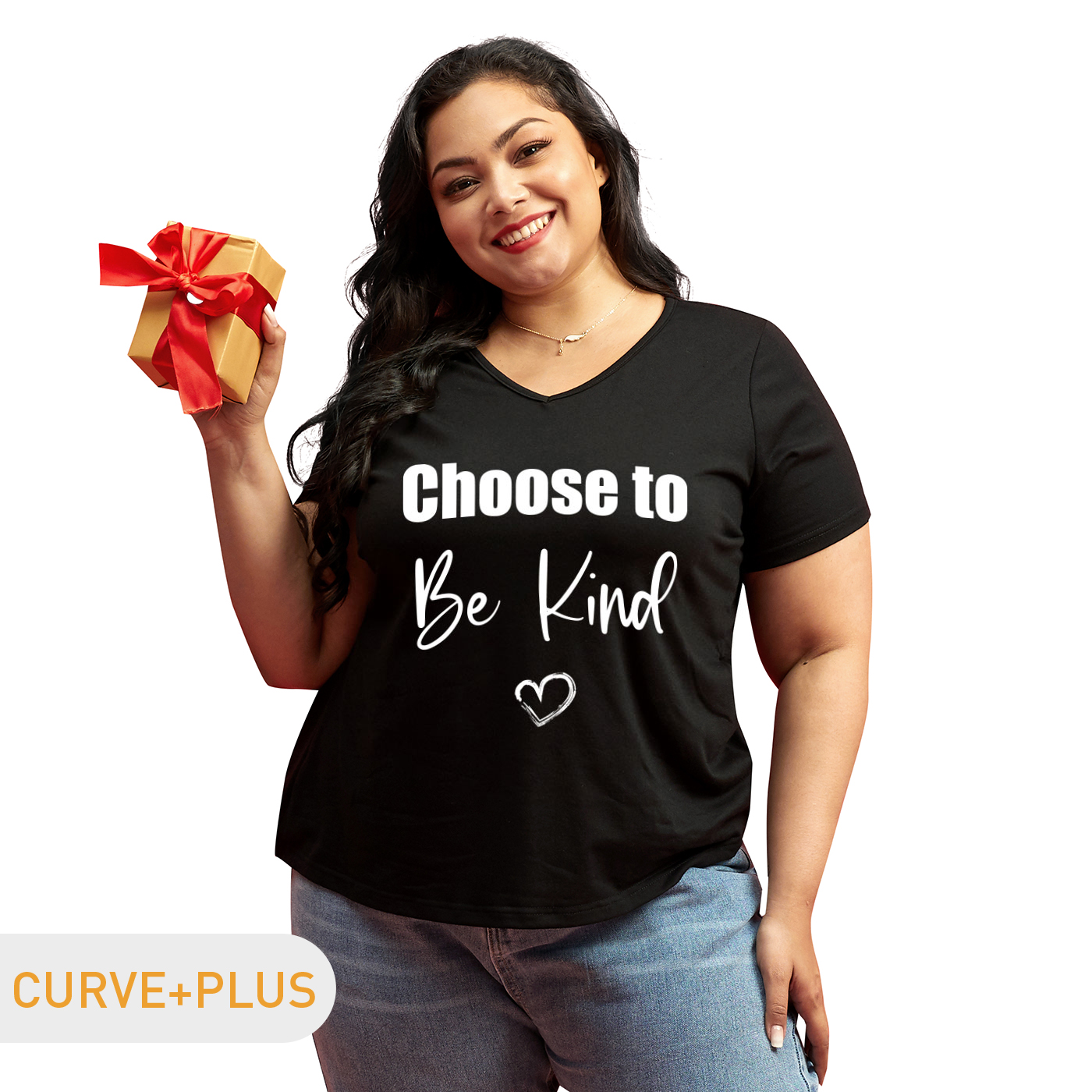

Women Plus Size Graphic Letter and Heart Print V Neck Short-sleeve Tee